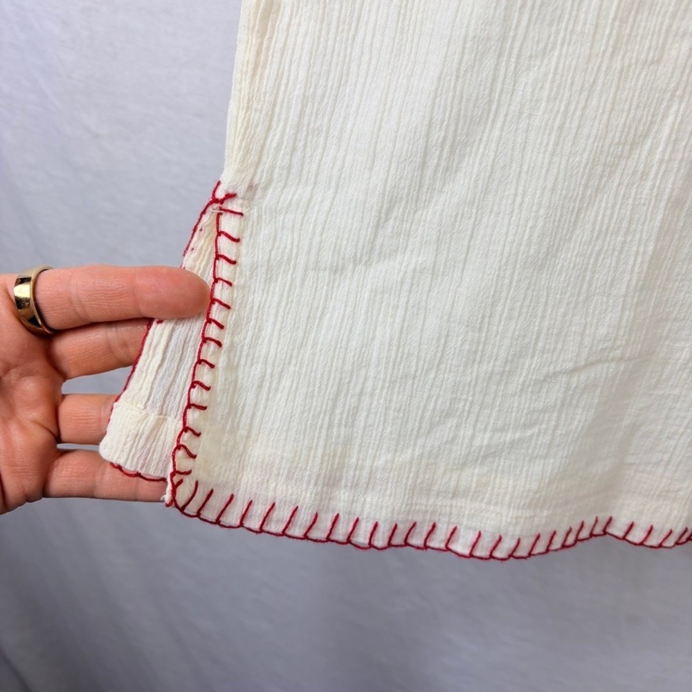 White Crinkle Rayon Crop Pants Sz Large Bloomers Red‎ Blanket Stitch Hem Boho - Picture 2 of 7
